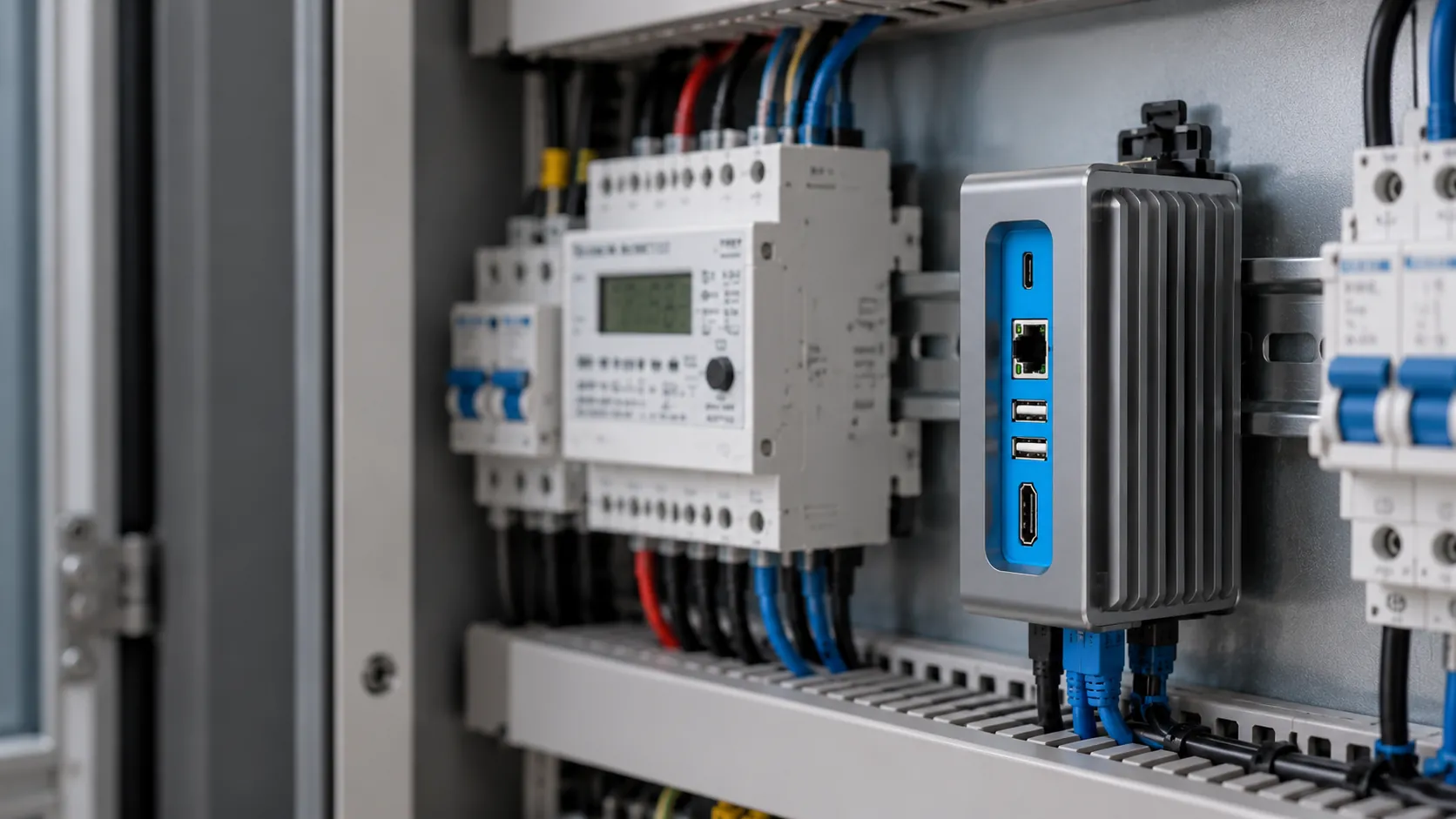 Compact edge hardware mounted on a DIN rail inside an industrial control cabinet