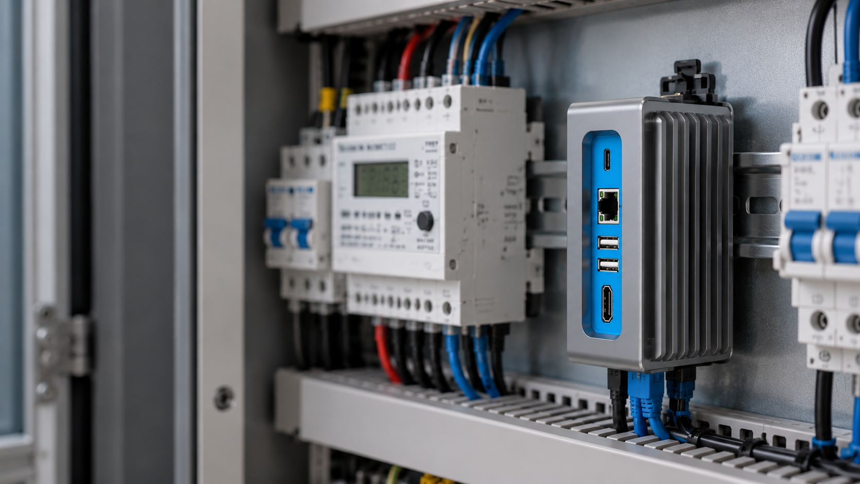 Edge processing hardware mounted beside industrial controls inside a plant cabinet