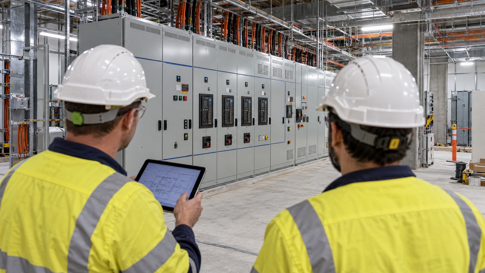 Two workers seen from behind inspecting a new switchboard with an iPad at a data centre construction site