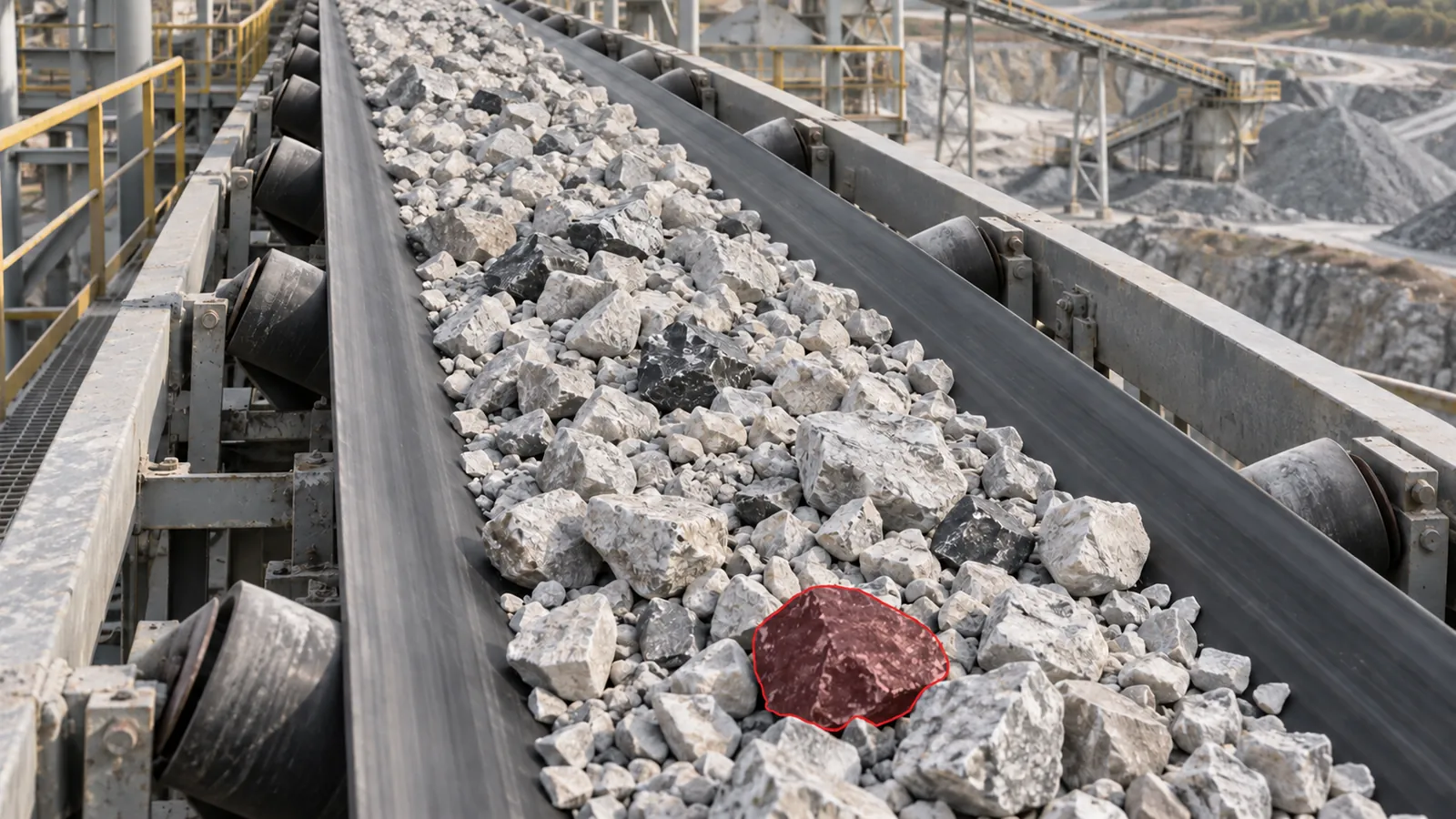 Rock conveyor with a highlighted oversized stone in a materials monitoring visual